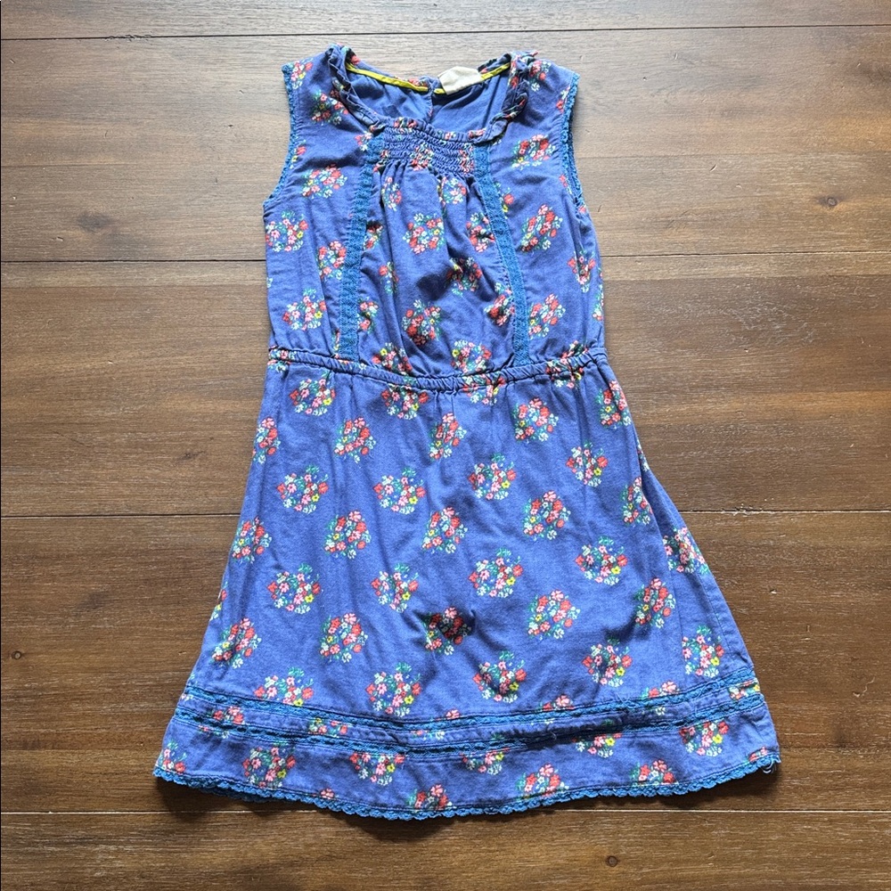 Size 9-10 Mini Boden lined cotton blue floral dress embroidered hem